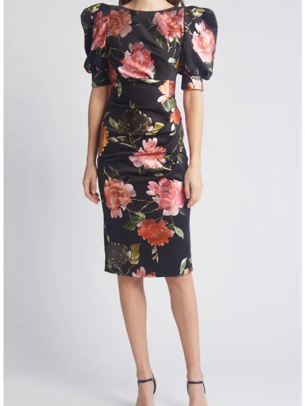 Black Halo EVE Zella Fire Bloom Floral Puff Sleeve Midi Dress Size 2 NWOT